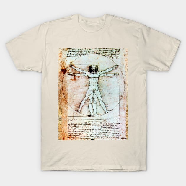 VITRUVIAN MAN Handwriting of Leonardo Da Vinci Antique Parchment T-Shirt by BulganLumini